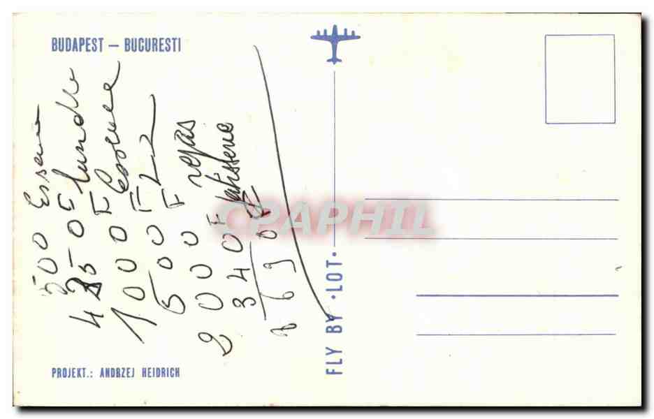 Carte postale aérienne Budapest-Bucarest — Polish Airlines — éditeur : Projekt Andrzej Heidrich — Reverso