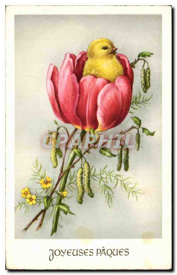 CPA Fantaisie Fleurs Joyeuses Paques Poussin 