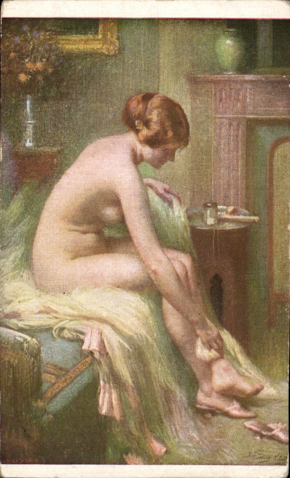 Naked woman drying herself — after the bath — publisher Apina, Paris