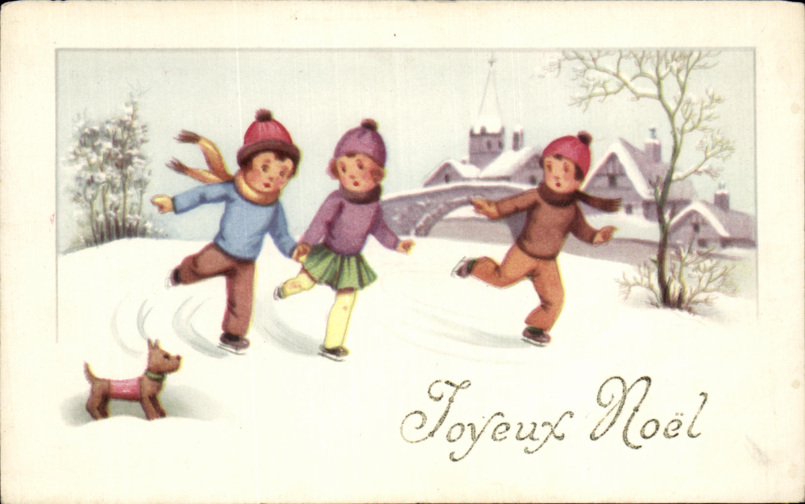 CPA Joyeux Noel Christmas Ice skating Patin a glaces
