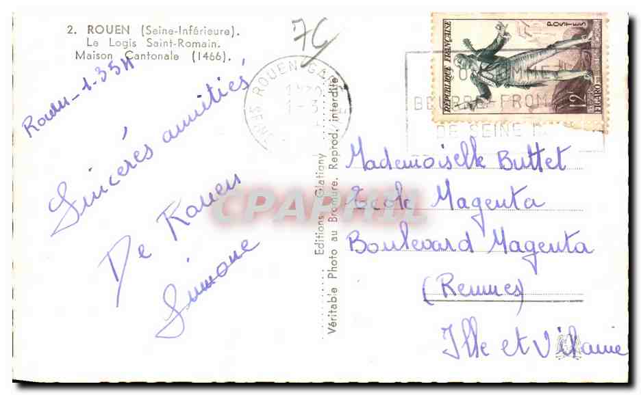 CPA Rouen Le Logis Saint Romain — Verso