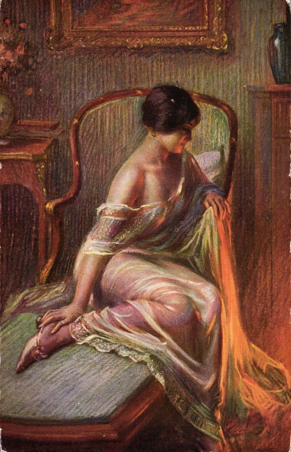Woman Seated by the Fire — D. Enjolras — publisher CPAPHIL, n°1348