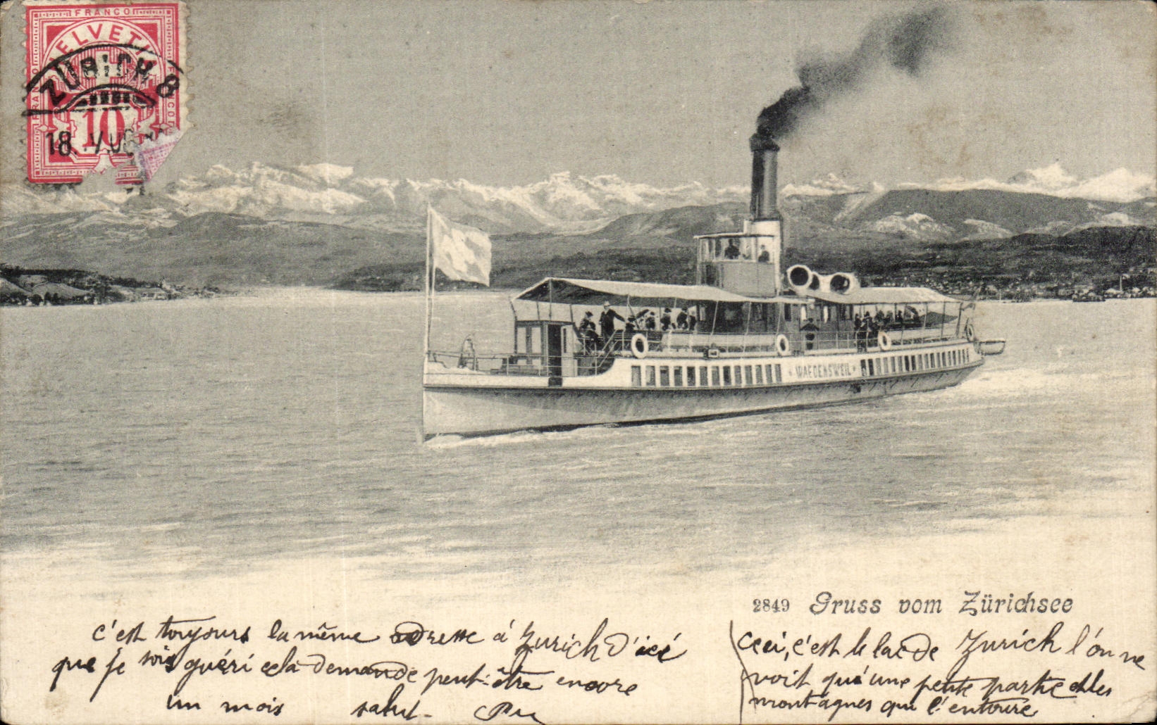 Bateau à vapeur Wagenswiel — Lac de Zurich — Éditeur Flüter & Cie, n° 2849