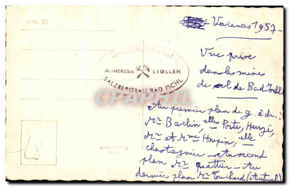 CPSM Salzbergau Bad Ischl Grubeneinfahrt Theresia Stollen Mines de sel 1957 — Rückseite