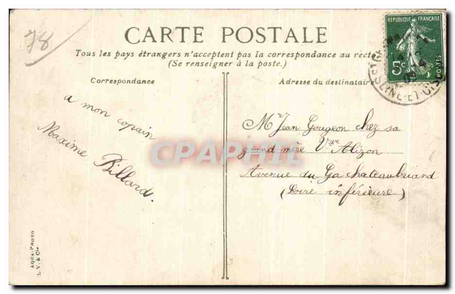 CPA Saint Germain en Laye Le Theatre et la statue Thiers — Verso