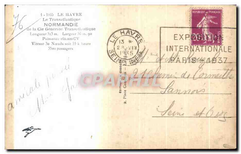 CPA Le Havre Le Transatlantique Normandie de la Cie Generale Paquebot  — Verso