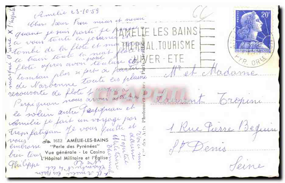 CPA Amelie Les Bains Perle des Pyrenees Vue Generale Le Casino L Hopital Militaire et l Eglise — Rückseite