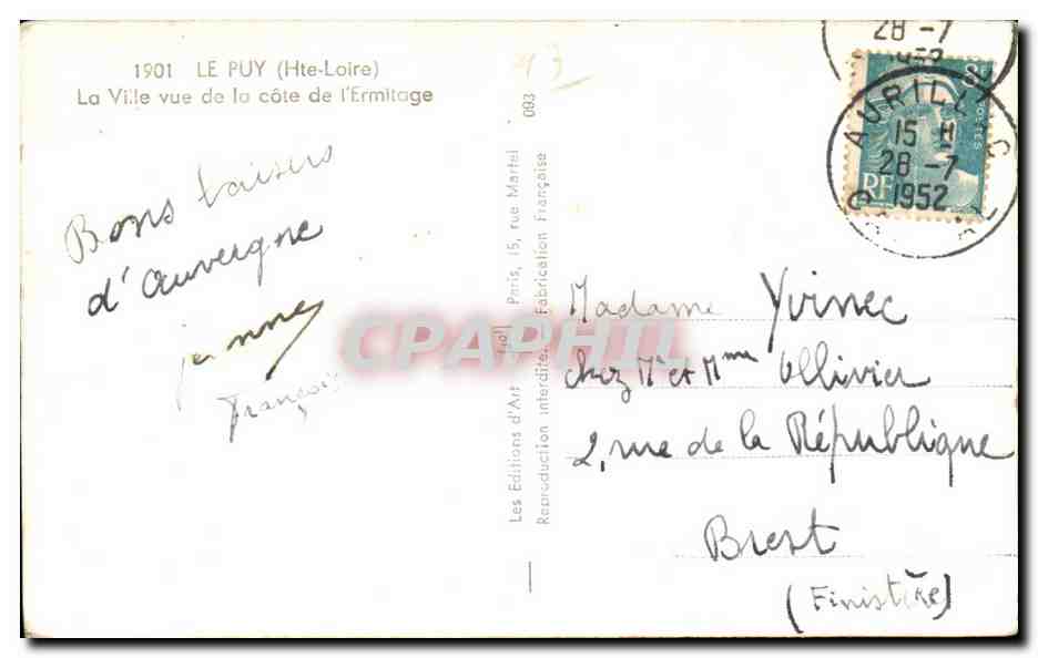 CPA Le Puy (Hte Loire) La Ville Vue de la Cote de l Ermitage — Verso