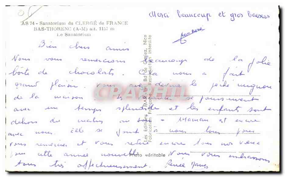 CPA Sanatorium du Clerge de France Bas Thorenc Le Sanatorium — Rückseite