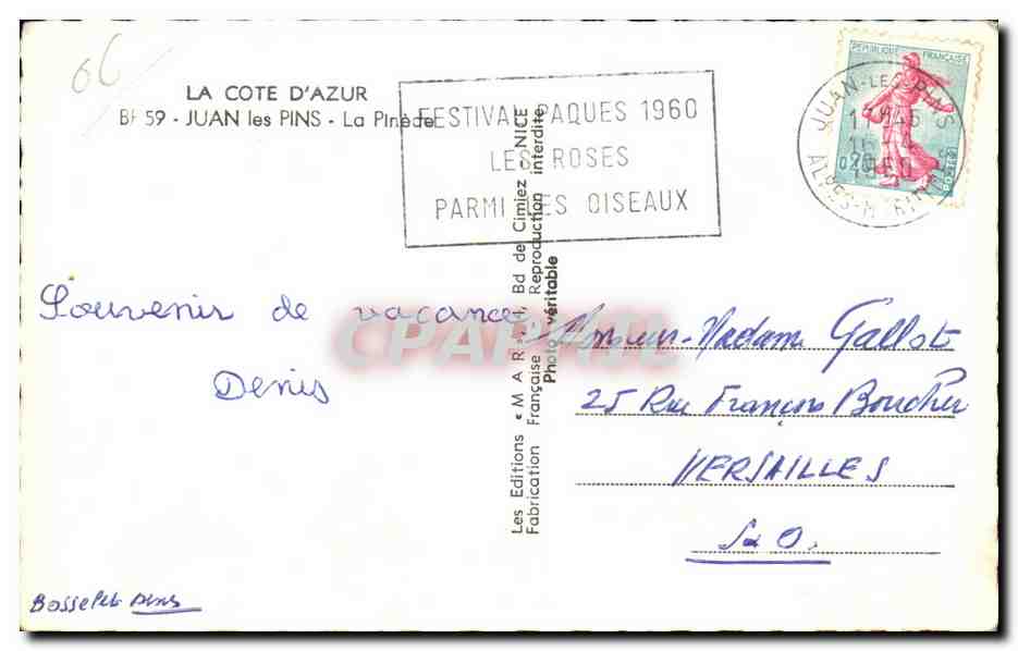 CPA la Cote D Azur Juan les Pins La Pinede — Verso