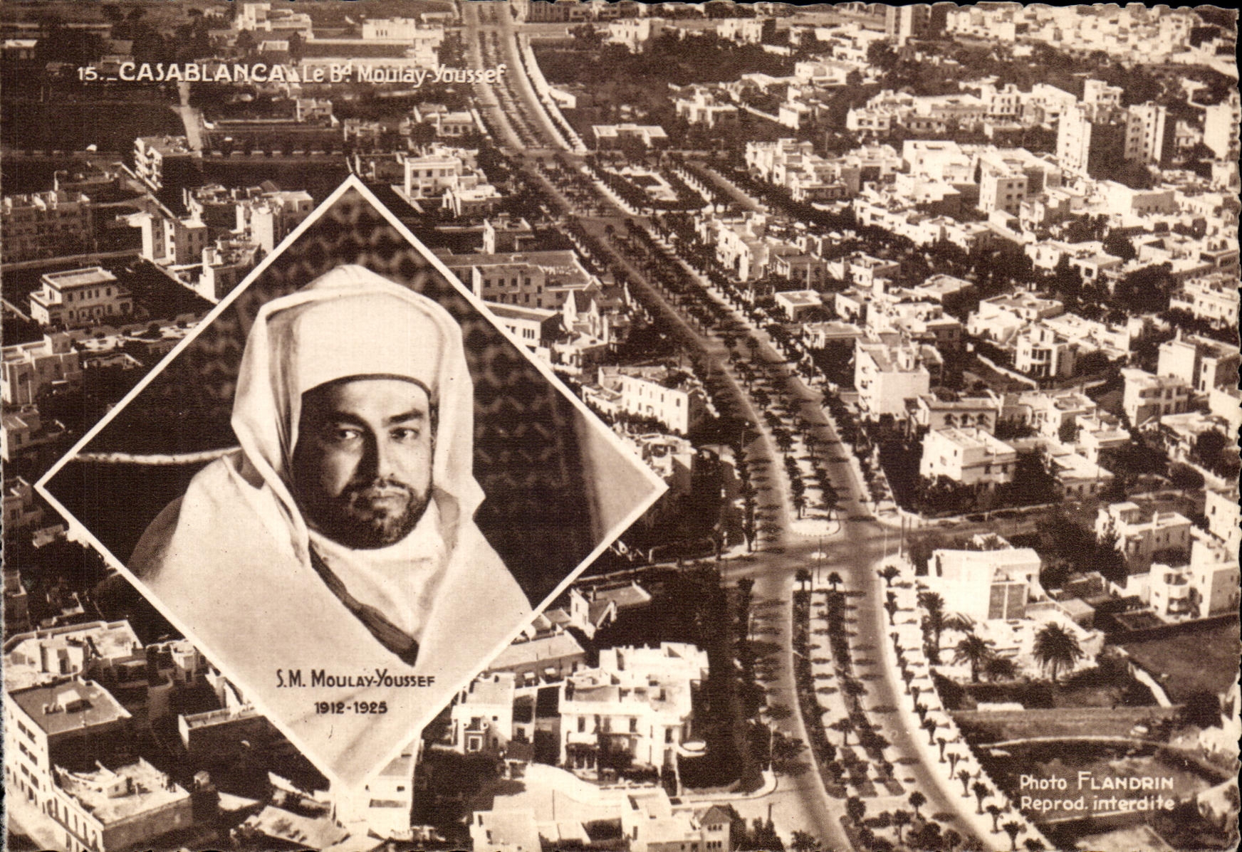 Casablanca — Vue aérienne avec portrait de S.M. Moulay Youssef (1912-1925) — Photo Flandrin