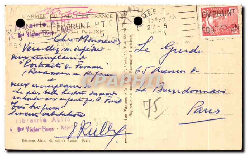 CPA Armee du salut La Maison du jeune homme Paris — Rückseite