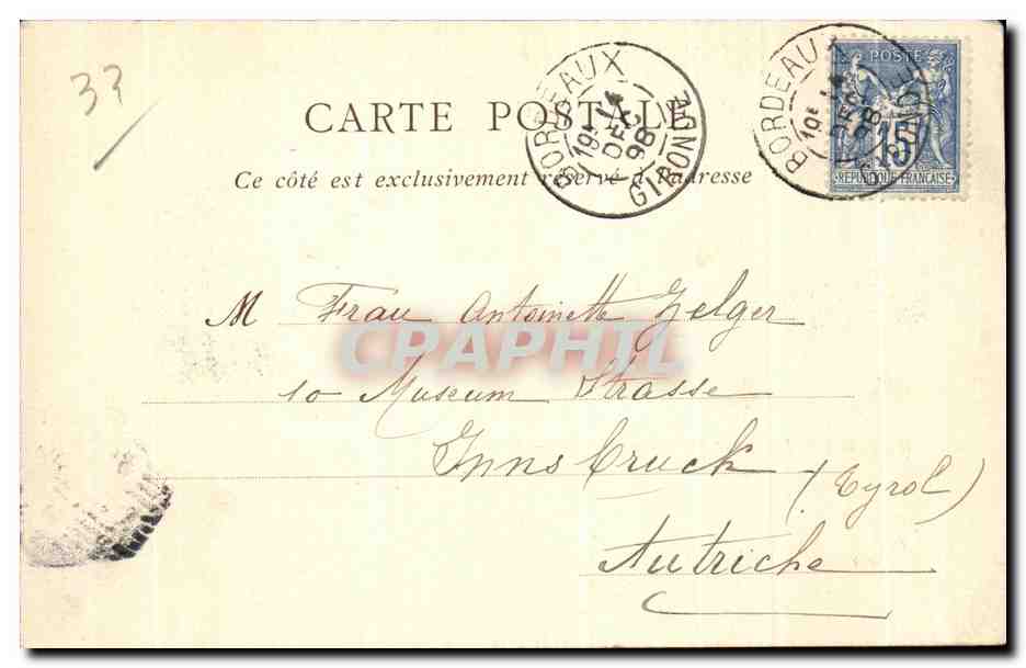 CPA Bordeaux Le Ouai de Bourgogne et le Pont carte 1898 — Verso