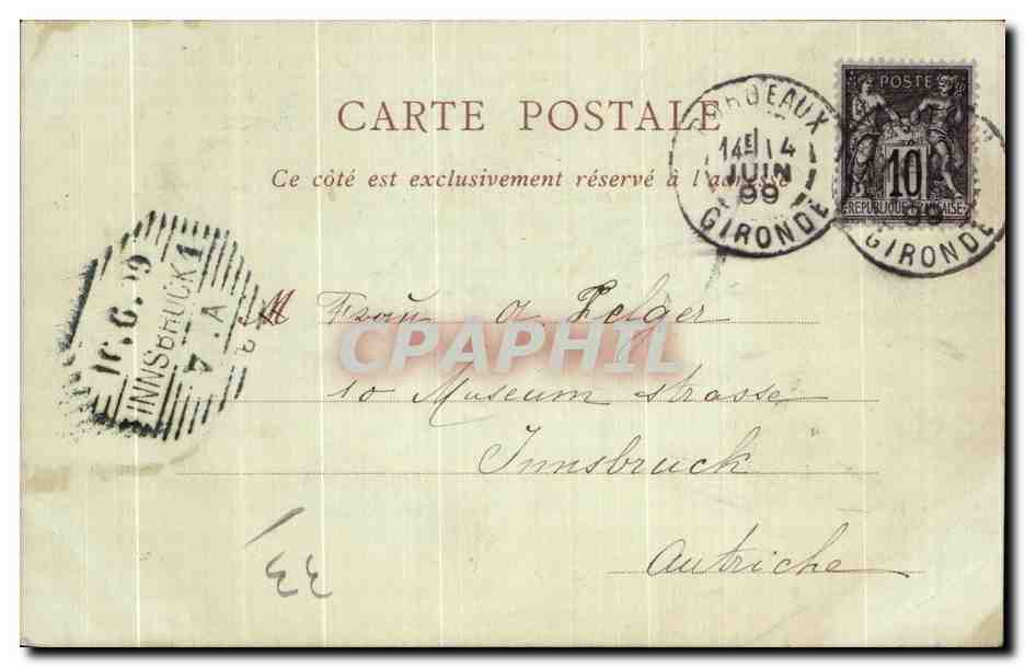 CPA Bordeaux Les Colounes Rostrales des Quinconces Carte 1899 — Verso