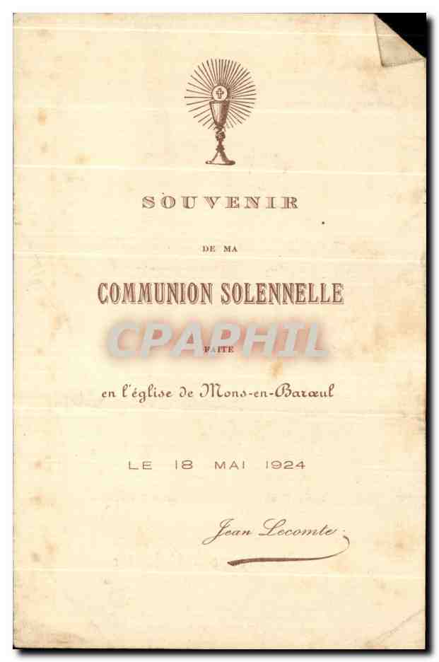 Souvenir Communion Mons en Barouel 1924 La Vierge a l hostie — Reverso