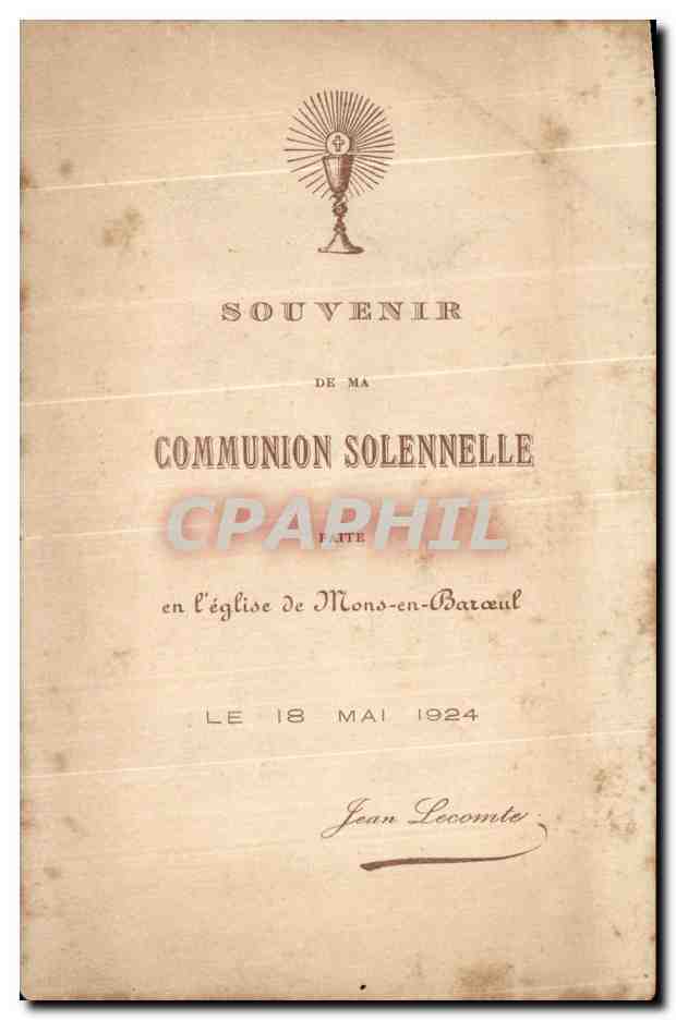 Souvenir Communion Mons en Barouel 1924 Venez a Moi Christ — Back