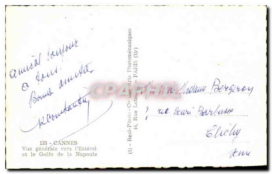 CPA Cannes Vue generale vers I Esterel et le Golfe de la Napoule — Verso