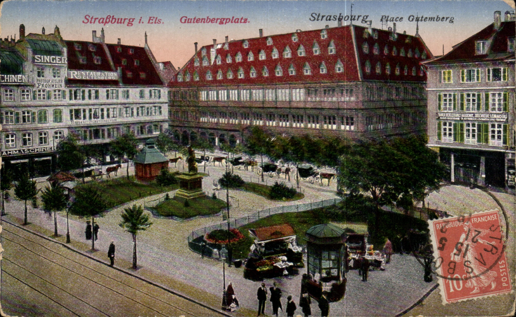 Strasbourg - Place Gutenberg — vue panoramique avec statue centrale et bâtiments historiques — éditeur: Dahl & Hartmann, n° de série 26006