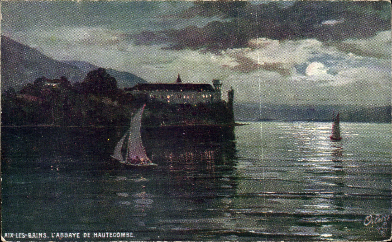 Aix-les-Bains. L'Abbaye de Hautecombe — vue nocturne avec voiliers — éditeur Orléans, n°1