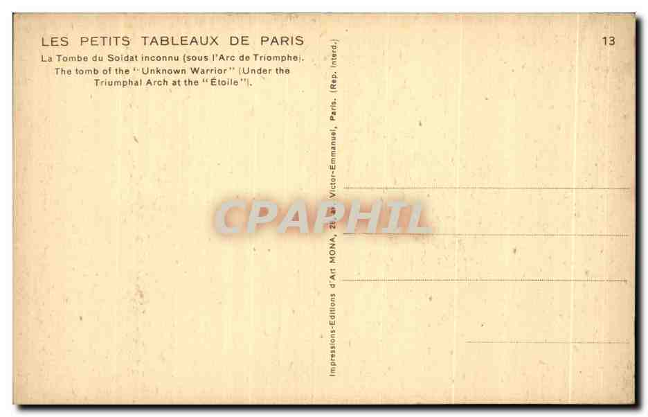 CPA Les Petits Tableaux De Paris La Tombe du Soidat inconnu The tomb of the Unknown Warrior — Rückseite