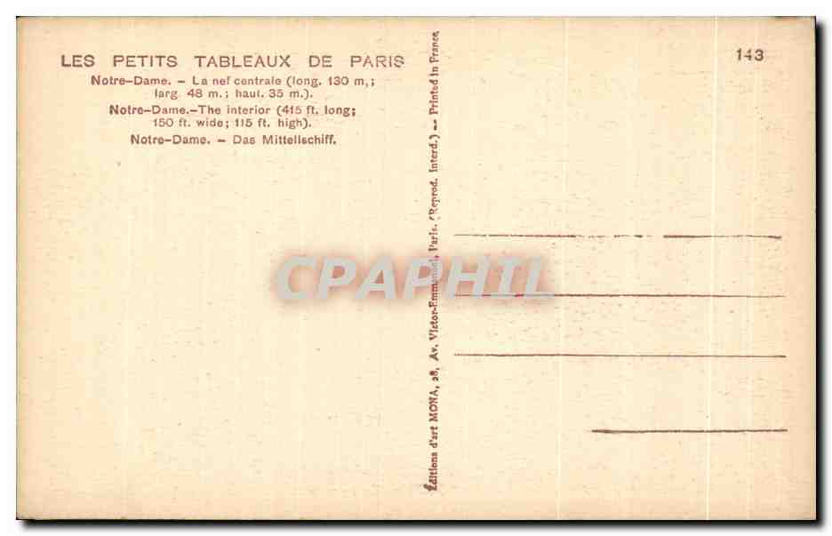 CPA Les Petits Tableaux De Paris Notre Dame La nef centrale Norte Dame The interiro Norte Dame Das Mittellschiff — Verso