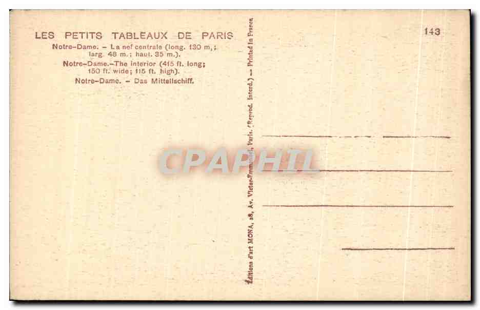 CPA Les Petits Tableaux De Paris Notre Dame La nef centrale Norte Dame The interiro Norte Dame Das Mittellschiff — Verso