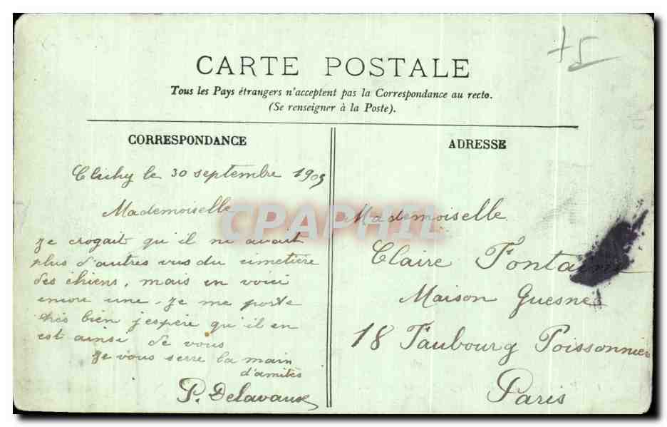 CPA Paris Le Cimeliere des Chiens — Verso