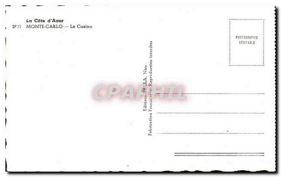 CPA La Cote Monte carlo Le Casino — Verso