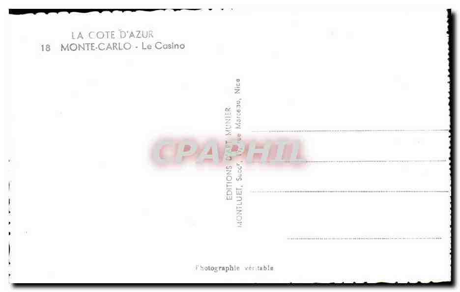 CPA La Cote D Azur Monte Carlo la Casino — Rückseite