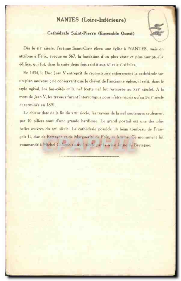 CPA Nantes (Loiree Inferieure) Cathedale Saint Pierre — Verso