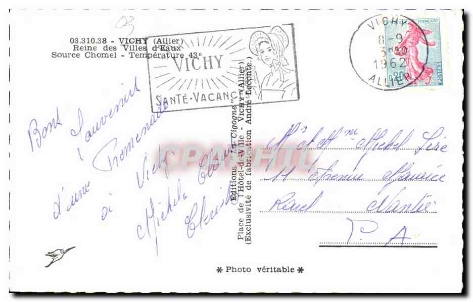 CPA Vichy (Allier) Reine des Villes Source Chomel — Verso