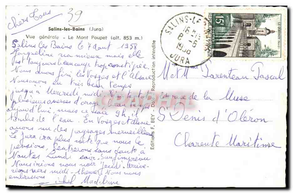 Salins-les-Bains — Vue générale — Le Mont Poupét (alt. 853 m.) — Editions F. BEY — Verso