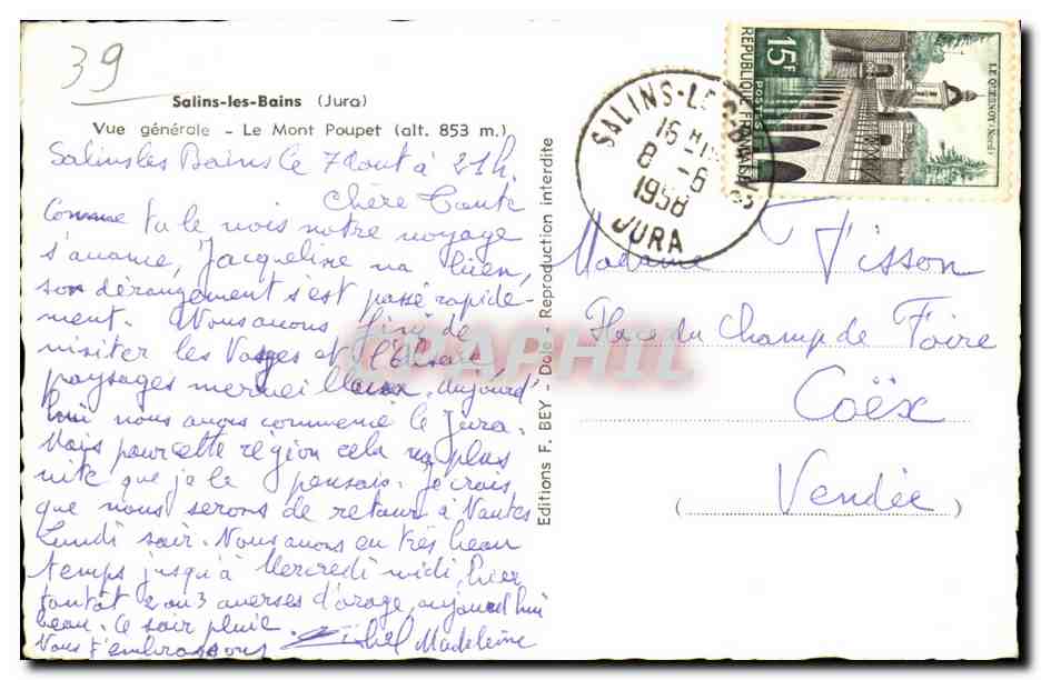 Salins-les-Bains — Vue générale - Le Mont Poupet (alt. 853 m.) — Editions F. Bey — Rückseite