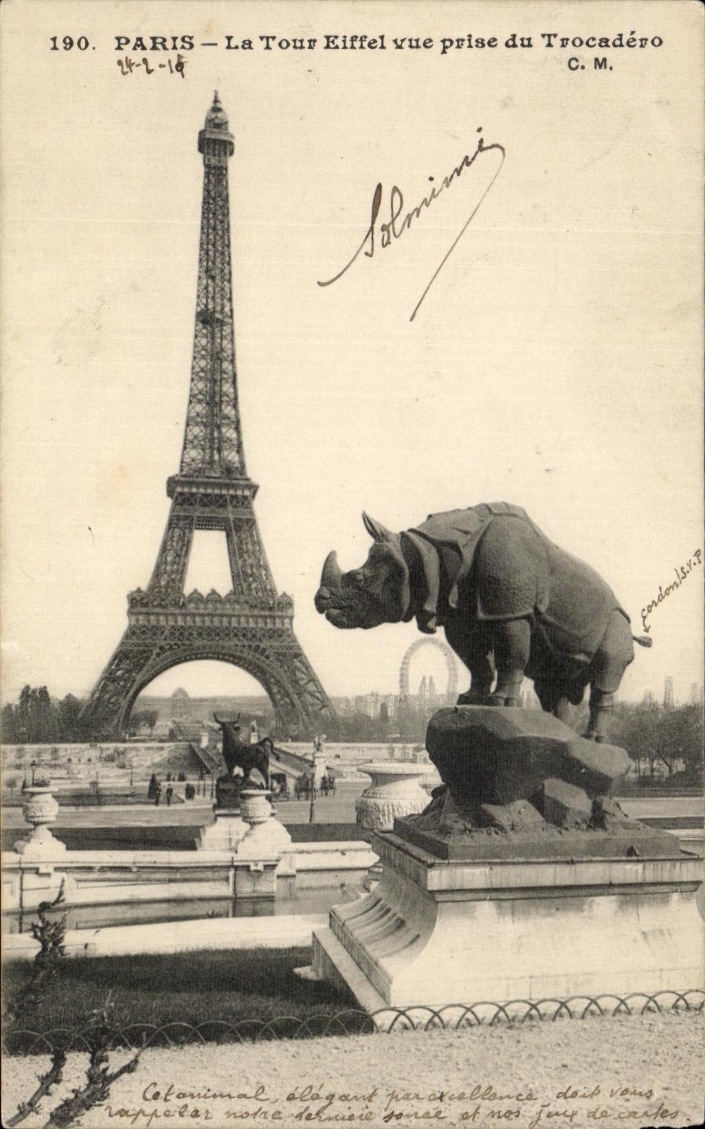 CPA Paris La Tour Eiffel vue prise du Trocadero rhinoceros