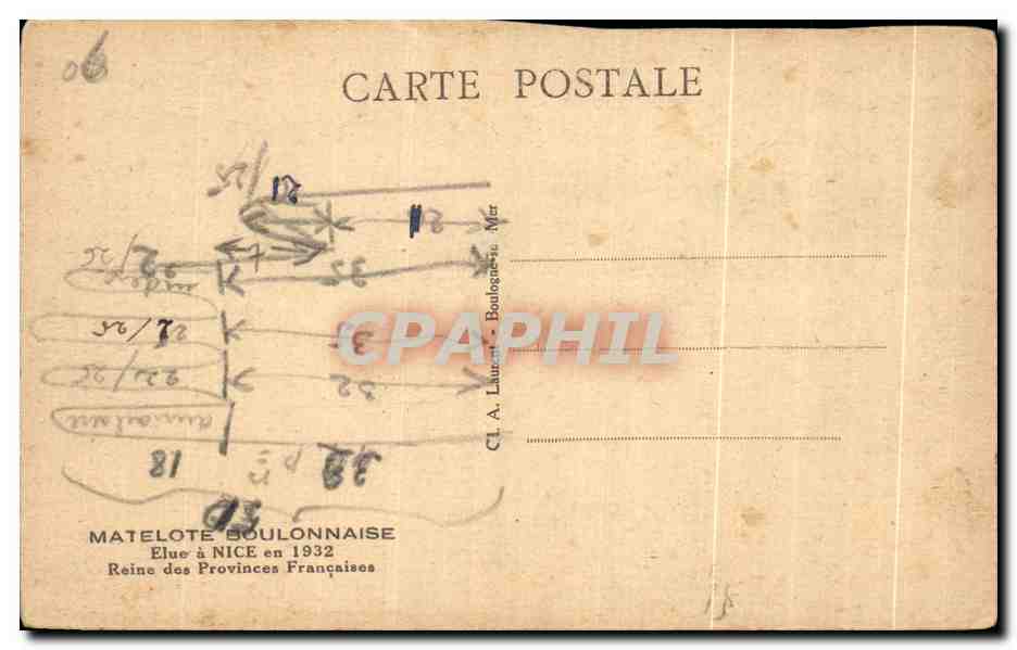CPA Matelote Boulonnaise Elue a Nice en 1932 Reine des Provinces Francaises — Verso