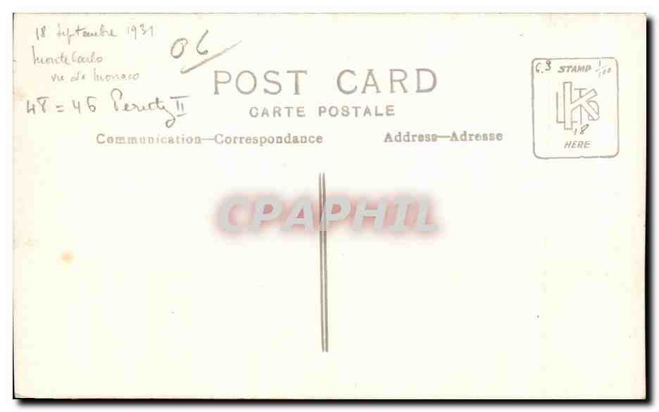 CARTE PHOTO Monaco 1931 — Rückseite