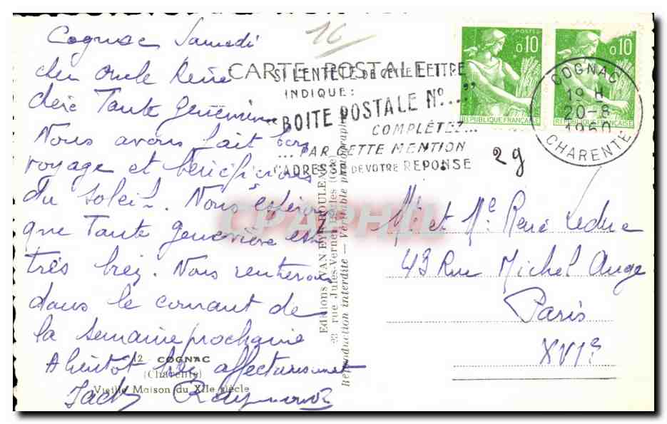 CPA Cognac Vieille maison du 16eme — Back