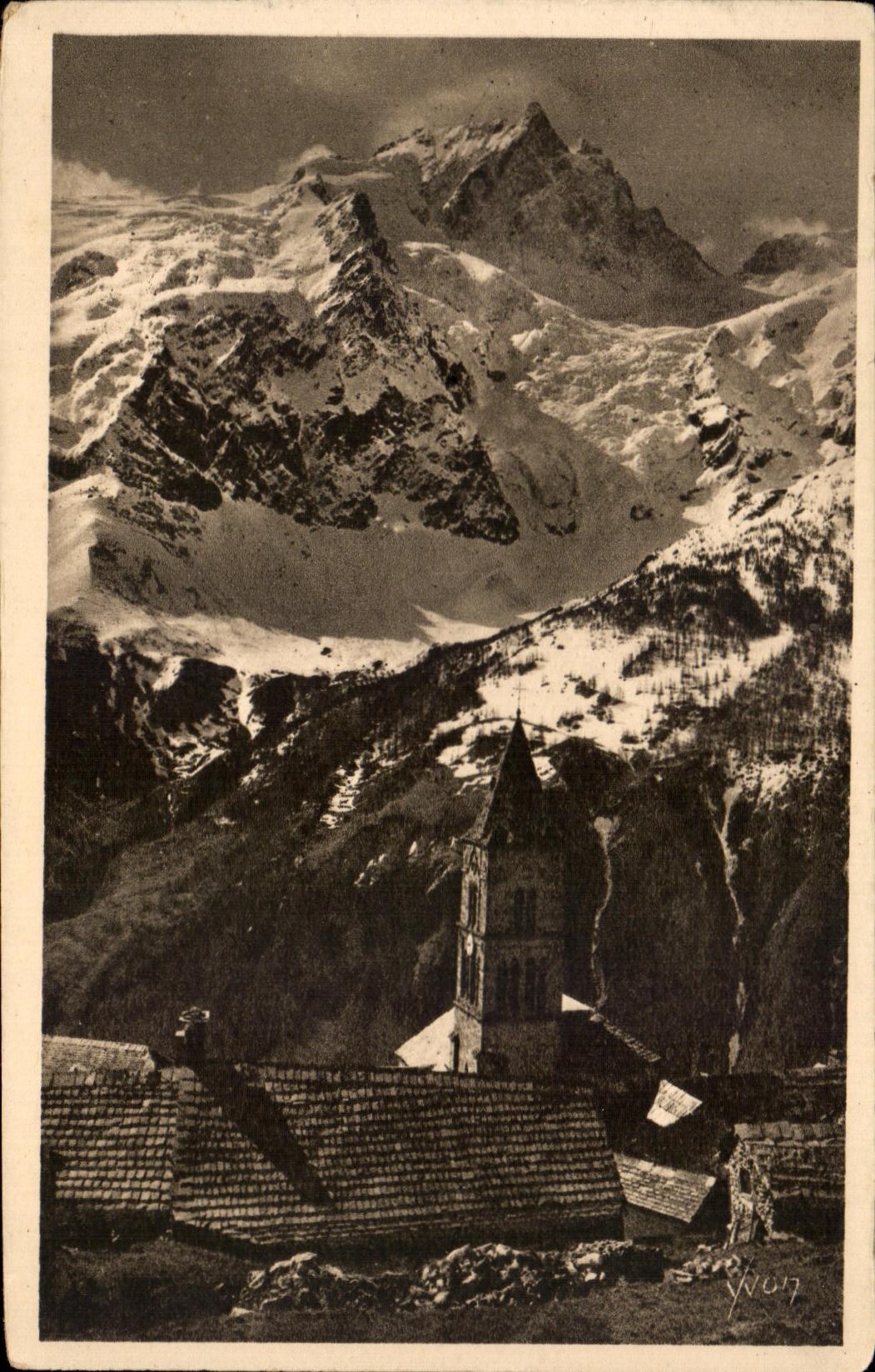La Meije (3987 m) et le vieux Clocher Roman du Village des Terrasses — Les Alpes — Éditions d'Art Yvon, Paris