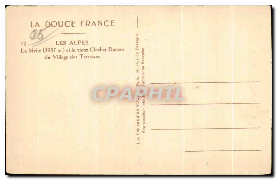 La Meije (3987 m) et le vieux Clocher Roman du Village des Terrasses — Les Alpes — Éditions d'Art Yvon, Paris — Rückseite
