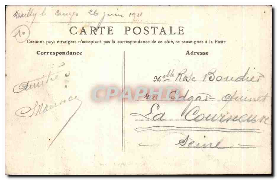 Camp de Mailly — La lettre à la Payse — Éditeur Militaire A. Riep — Verso