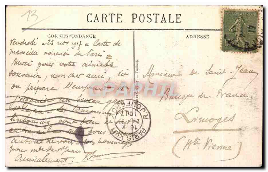 CPA Marseille Fontaine Cantini Place Castellane — Rückseite