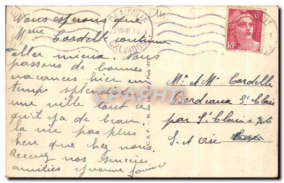 CPA Deauville Plage Fleurie Le Royal Hotel et les Jardins — Verso