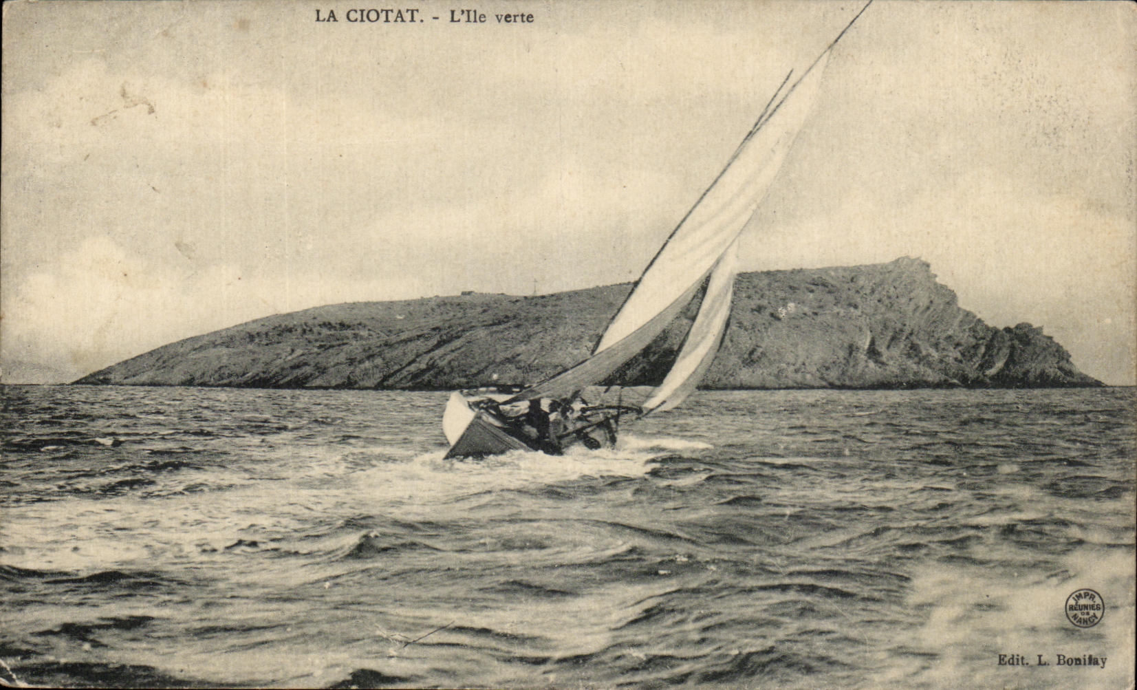 Tarjeta postal antigua La Ciotat L Ile verte Bateau Voilier