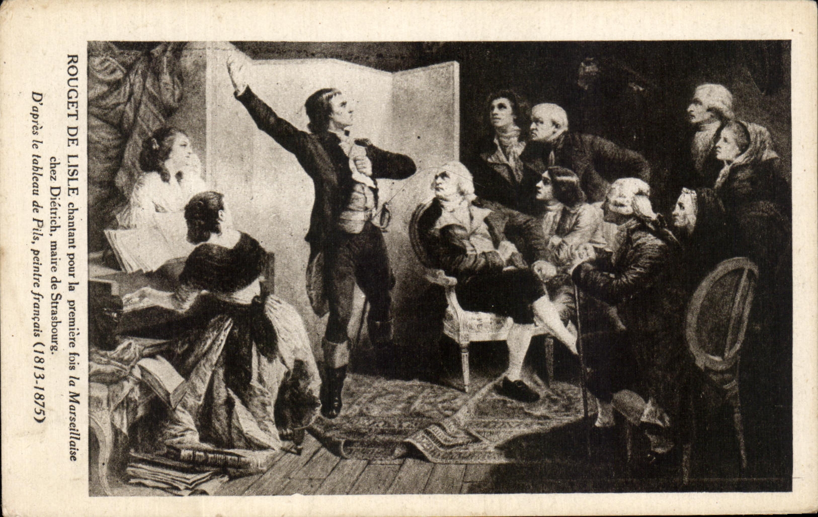 Rouget de Lisle chantant pour la première fois la Marseillaise — d'après le tableau de Pilis, gravure française (1813-1875)