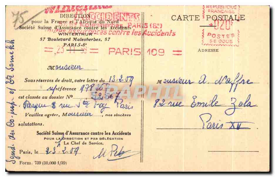 CPA Societe Suisse d Assurance contre les Accidents Winterthur Direction France et Afrique Paris Boulevard Malesherbes — Rückseite