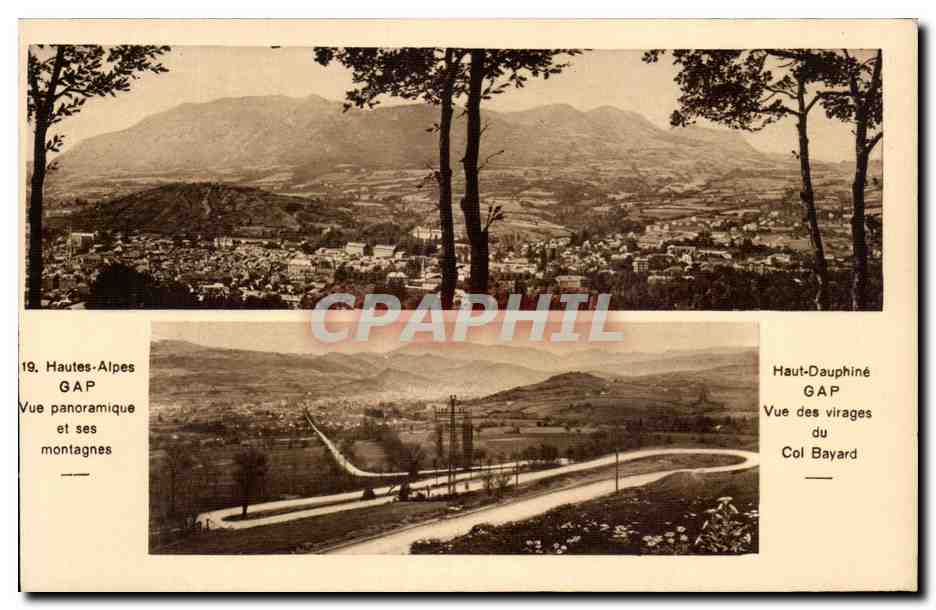 Hautes-Alpes — Vue panoramique de Gap et ses montagnes — Vue des virages du Col Bayard — éditeur A. Mollaret, Grenoble