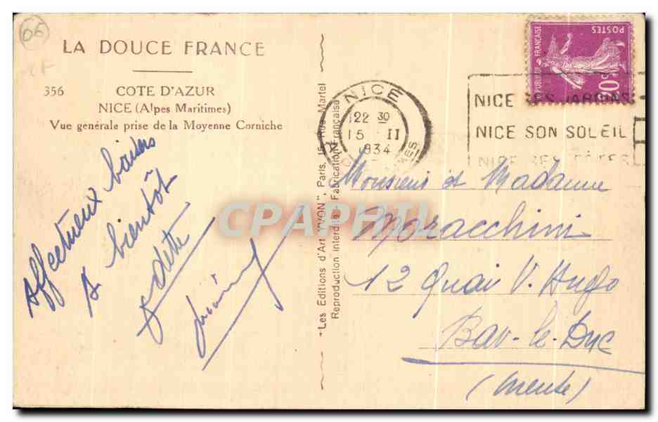 CPA La Douce france Cote D Azur Nice Vue generale prise de la Moyenne Corniche — Rückseite