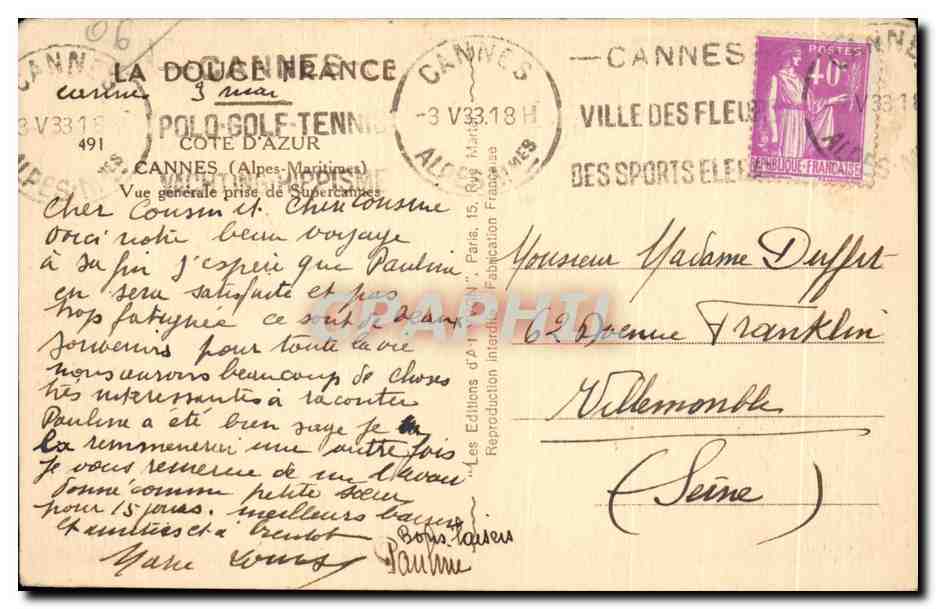 CPA Cote d Azur Cannes Vue generale prise de Supercannes — Verso