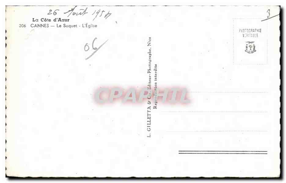 CPA La Cote d Azur Cannes Le Suquet l Eglise — Verso