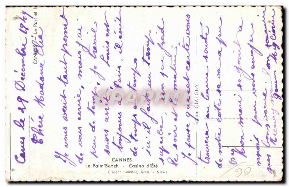 CPA Cannes Le Palm Beach Casino d Ete — Verso
